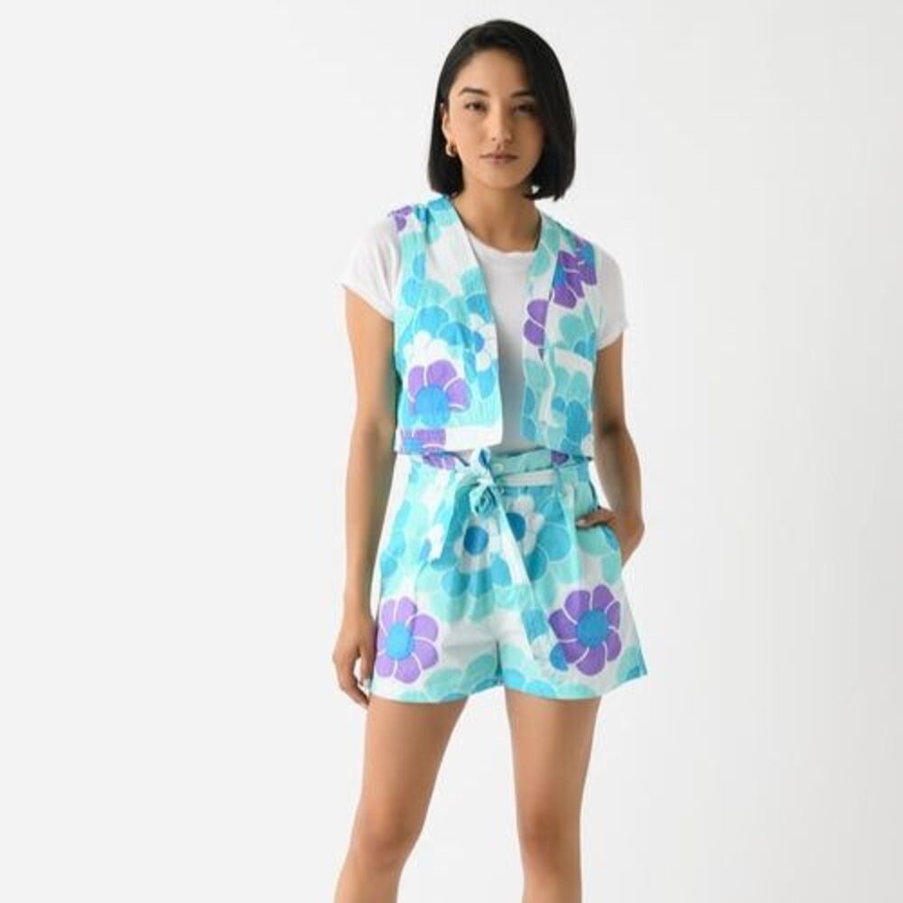 Antik Batik NWT Suny Gil Cotton Poplin Blue Floral Open Front Vest Small